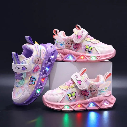 Disney LED Casual Sneakers For Spring Girls Frozen Elsa Princess Print Pu Leather Shoes Children Lighted Non-slip Pink Purple SuperFye Purple / 33-Insole 20.3 cm SuperFye