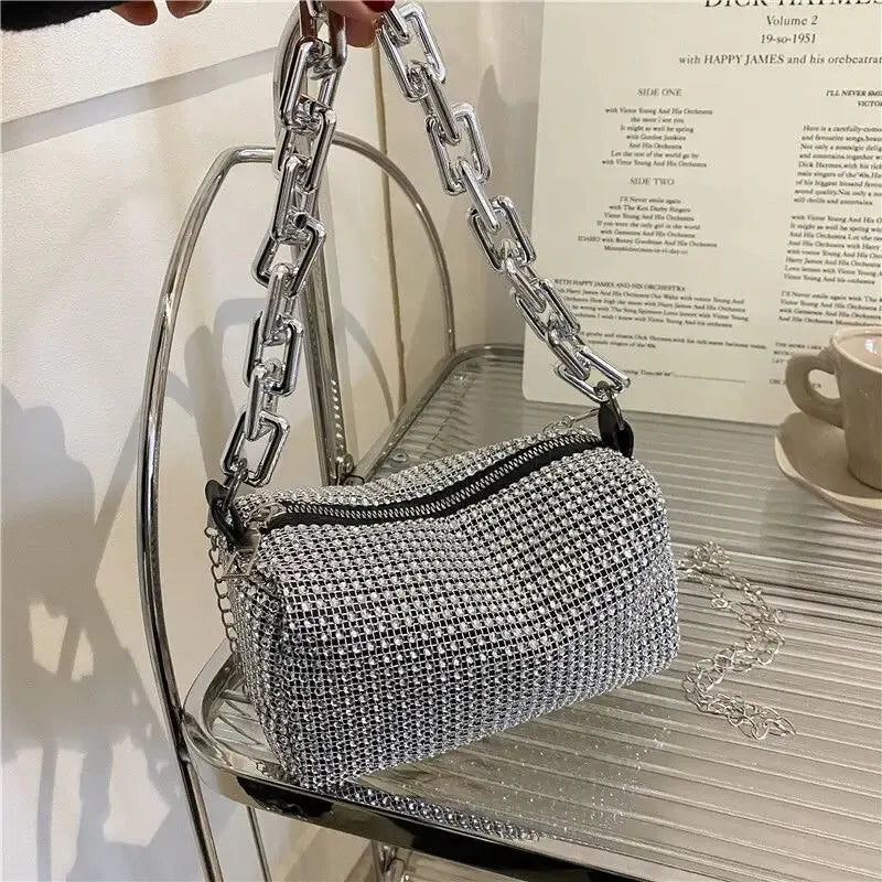 Allover Rhinestone Bucket Bag, Glitter Chain Prom Purse, Women's Mini Crossbody Bag (6.3*3.54) Inch SuperFye Silver SuperFye