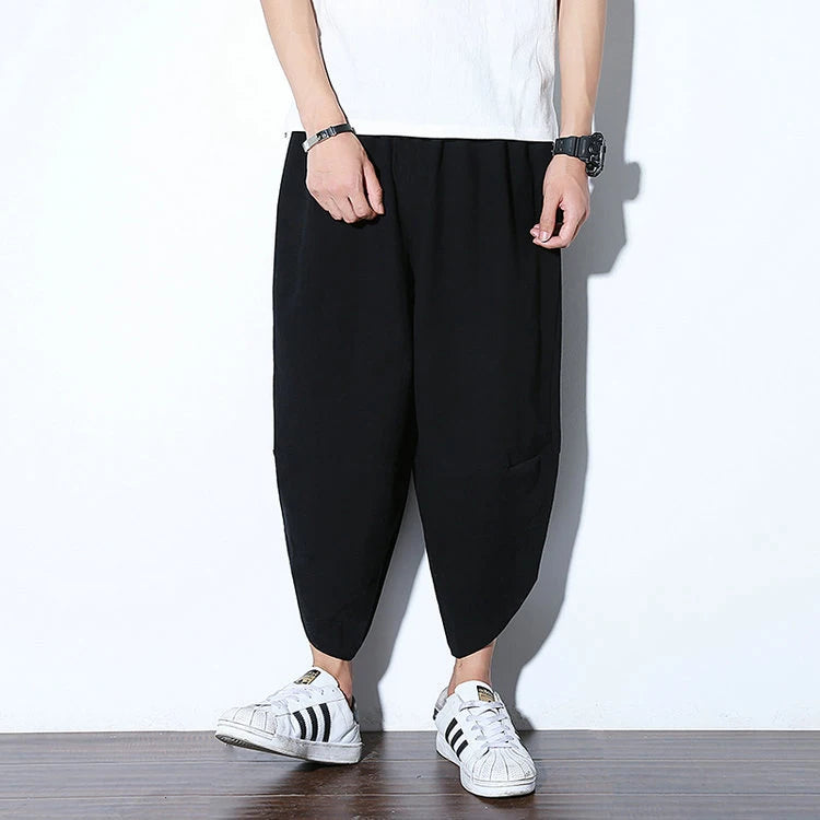 Harajuku Summer Loose Calf Length Casual Pants Men Wide Leg Cotton Linen Printing Baggy Pants Oversize Men's Trousers SuperFye Model G / Chinese Size XXXL SuperFye