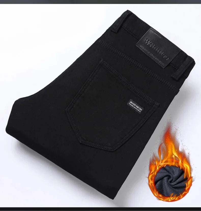 WTHINLEE Winter Men Black Straight Stretch Denim Thick Velvet Pants Warm Jeans Casual Fleece Line Trousers Male Plus Size