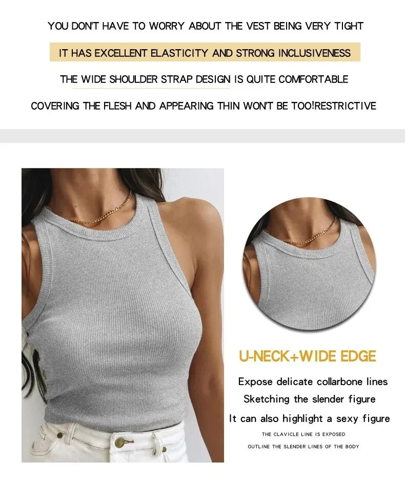 Women's Tank Top Crop Sexy Off Shoulder O Neck Solid Ribbed Knitted Casual Sport Vest Basic Elastic Camisole SuperFye M / Black SuperFye