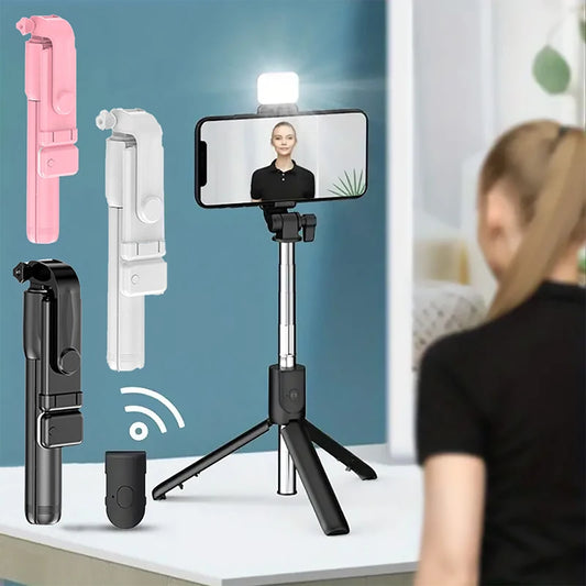 Portable Bluetooth Selfie Stick Tripod Holder with Remote Shutter Fill Light Extendable Wireless Remote Retractable Phone Stand