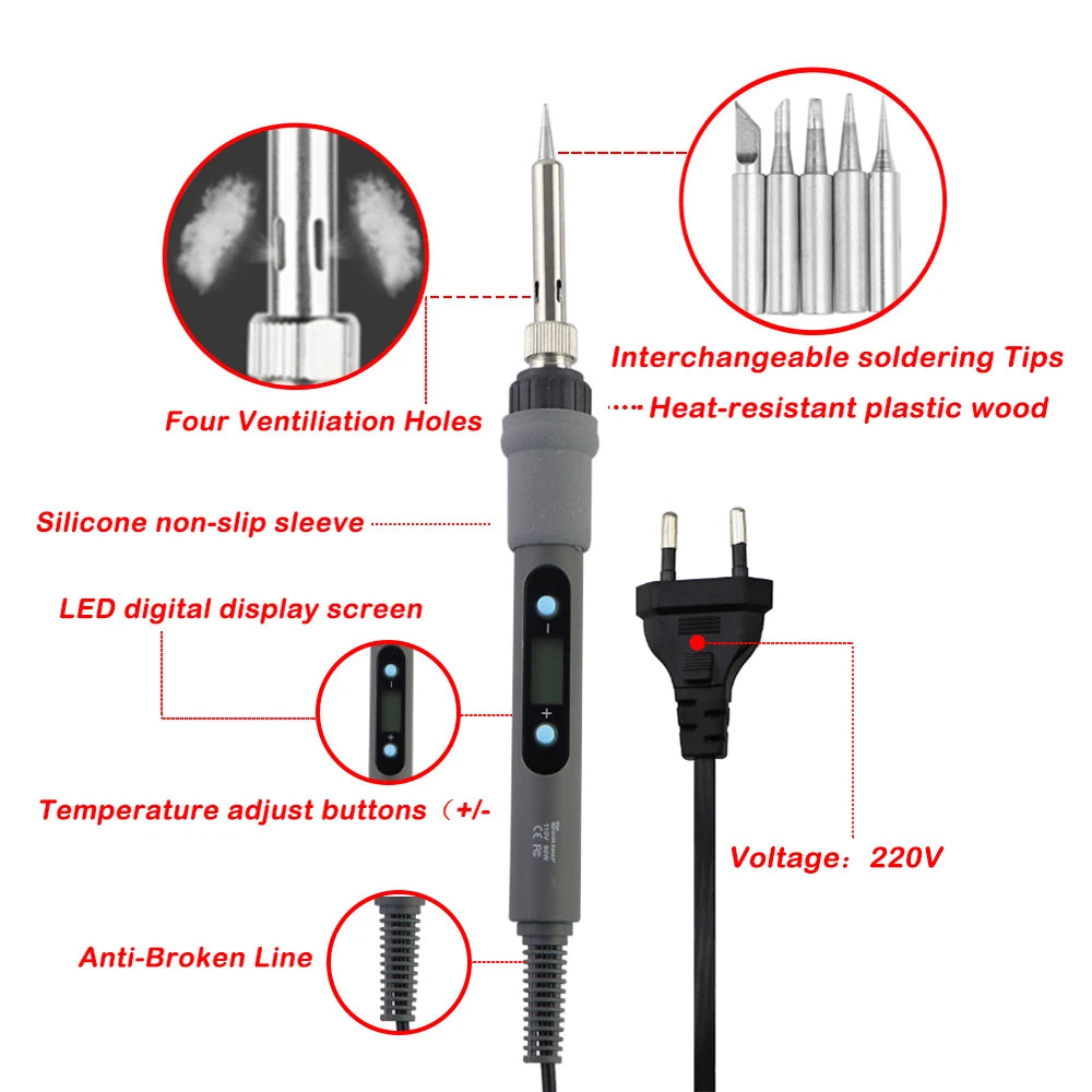 60W/80W Electric Soldering Iron Adjustable Temperature Digital Display Electronic Welding Repair Tools With Solder Tin Iron Tips SuperFye 80W Set-2 / 110V US Plug SuperFye