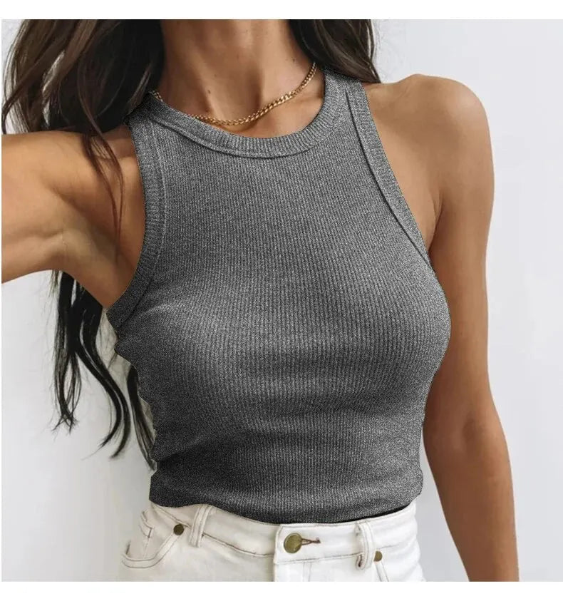 Women's Tank Top Crop Sexy Off Shoulder O Neck Solid Ribbed Knitted Casual Sport Vest Basic Elastic Camisole SuperFye M / Black SuperFye