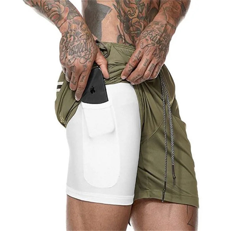 Men Sport Shorts  Sportswear Double-deck Running Shorts 2 In 1 Beach Bottoms Summer Gym Fitness Training Jogging Short Pants Men