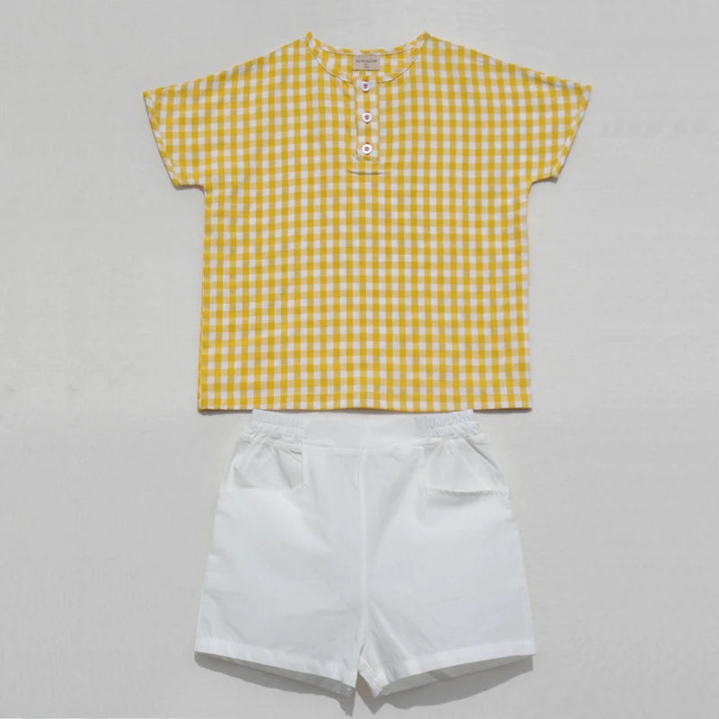 Ali Plus SS25 yellow and white gingham summer set with red stitch girls dress baby romper boys top and pants and toddler sets