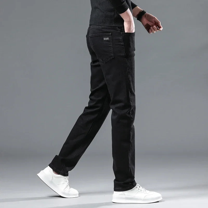 WTHINLEE Winter Men Black Straight Stretch Denim Thick Velvet Pants Warm Jeans Casual Fleece Line Trousers Male Plus Size