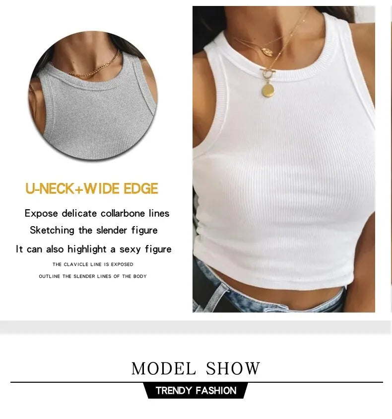 Women's Tank Top Crop Sexy Off Shoulder O Neck Solid Ribbed Knitted Casual Sport Vest Basic Elastic Camisole SuperFye M / Black SuperFye