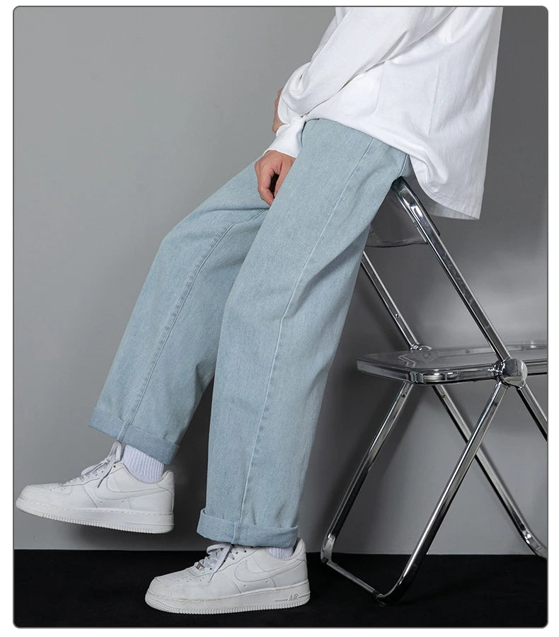 2025 New Korean Men's Casual Long Jeans Classic Man Straight Denim Wide-leg Pants Solid Color Light Blue Grey Black 3XL SuperFye Deep BLue / XXXL For 180CM 95KG SuperFye