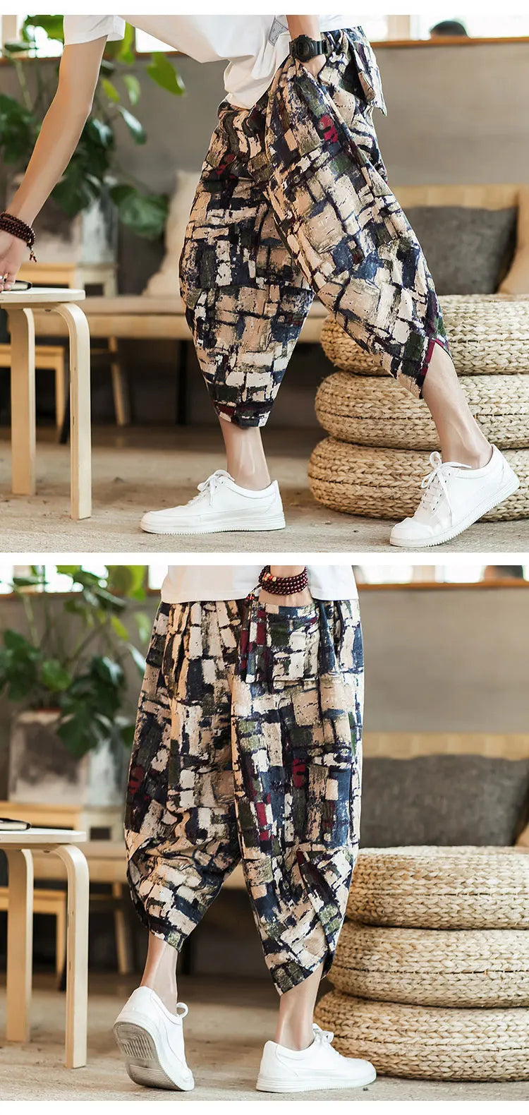 Harajuku Summer Loose Calf Length Casual Pants Men Wide Leg Cotton Linen Printing Baggy Pants Oversize Men's Trousers SuperFye Model G / Chinese Size XXXL SuperFye