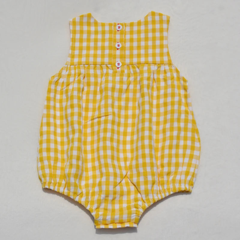 Ali Plus SS25 yellow and white gingham summer set with red stitch girls dress baby romper boys top and pants and toddler sets