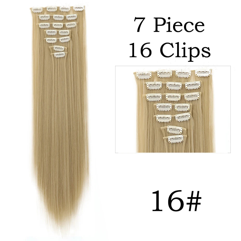 24Inchs 16 Clips in Hair Extensions Long Straight Hairstyle Synthetic Blonde Black Hairpieces Heat Resistant False Hair SuperFye 16 / 24inches SuperFye