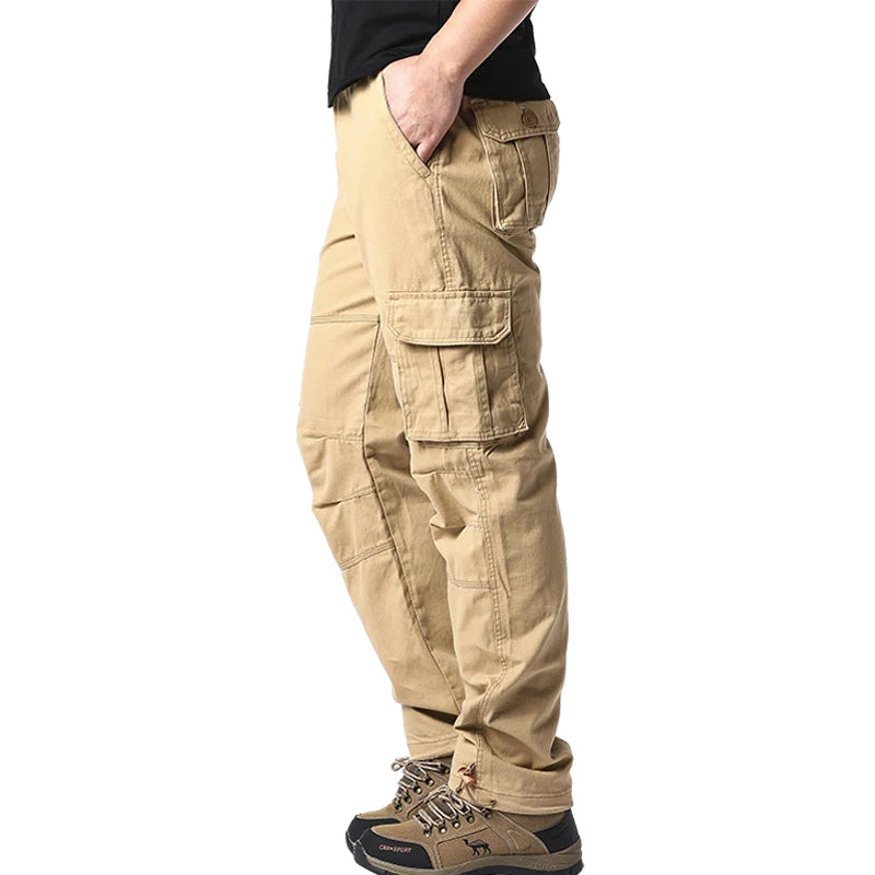 Large Pocket Loose Overalls Men's Outdoor Sports Jogging Tactical Pants Elastic Waist Pure Cotton Casual Work Pants SuperFye MST khaki / M 50-60kg SuperFye