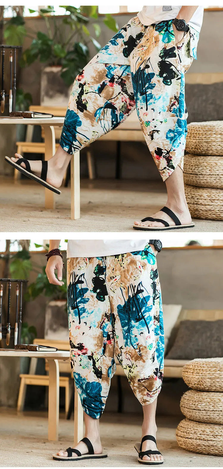 Harajuku Summer Loose Calf Length Casual Pants Men Wide Leg Cotton Linen Printing Baggy Pants Oversize Men's Trousers SuperFye Model G / Chinese Size XXXL SuperFye