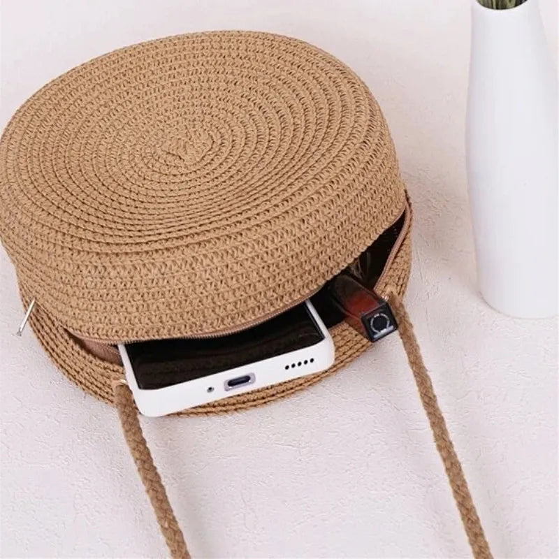 Minimalist Straw Bag Round Crossbody Purse Women Shoulder Vocation Style Handbag SuperFye orage SuperFye