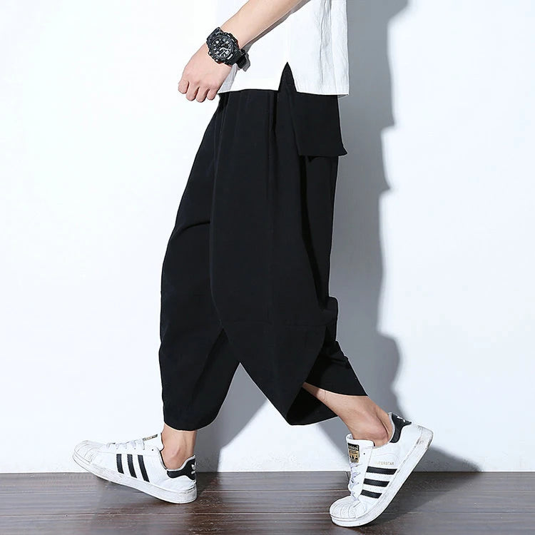 Harajuku Summer Loose Calf Length Casual Pants Men Wide Leg Cotton Linen Printing Baggy Pants Oversize Men's Trousers SuperFye Model G / Chinese Size XXXL SuperFye