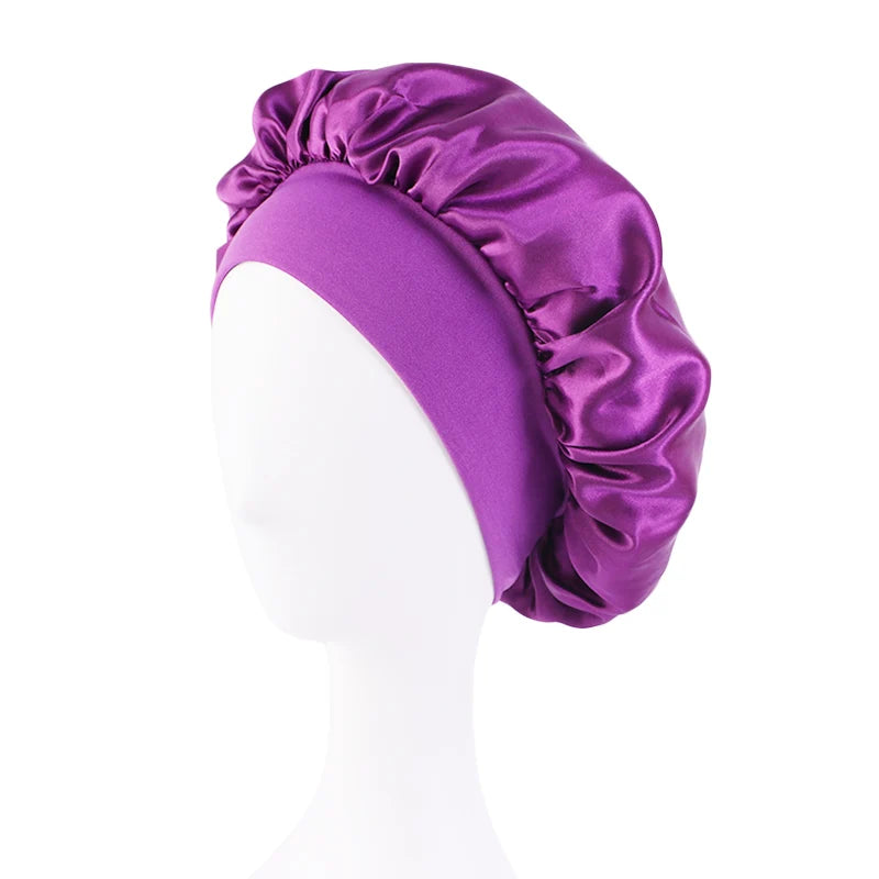 New Women's Satin Solid Wide-brimmed Sleeping Hat Unisex Head Wrap Elastic Band Cap Hair Care Bonnet Night Hat bonnet de nuit SuperFye Dark Purple SuperFye