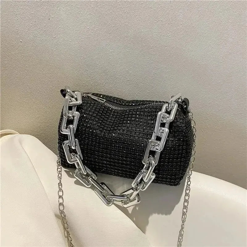 Allover Rhinestone Bucket Bag, Glitter Chain Prom Purse, Women's Mini Crossbody Bag (6.3*3.54) Inch SuperFye Silver SuperFye