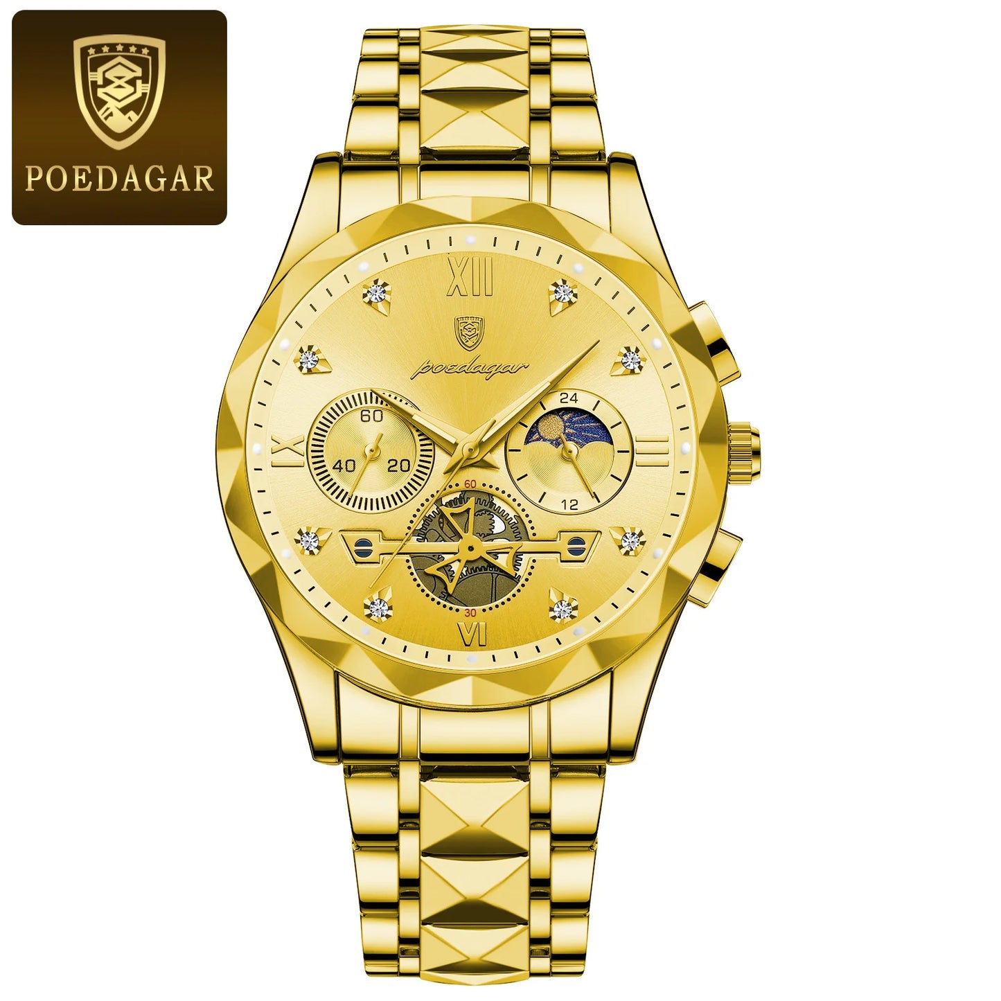 POEDAGAR Luxury Man Wristwatch Waterproof Luminous Chronograph Watch for Men Stainless Steel Men's Quartz Watches reloj hombre SuperFye Gold Gold SuperFye