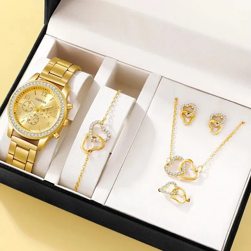 6PCS Set Rose Gold Luxury Watch Women Ring Necklace Earring Rhinestone Fashion Wristwatch Casual Ladies Bracelet Watches SuperFye Gold SuperFye