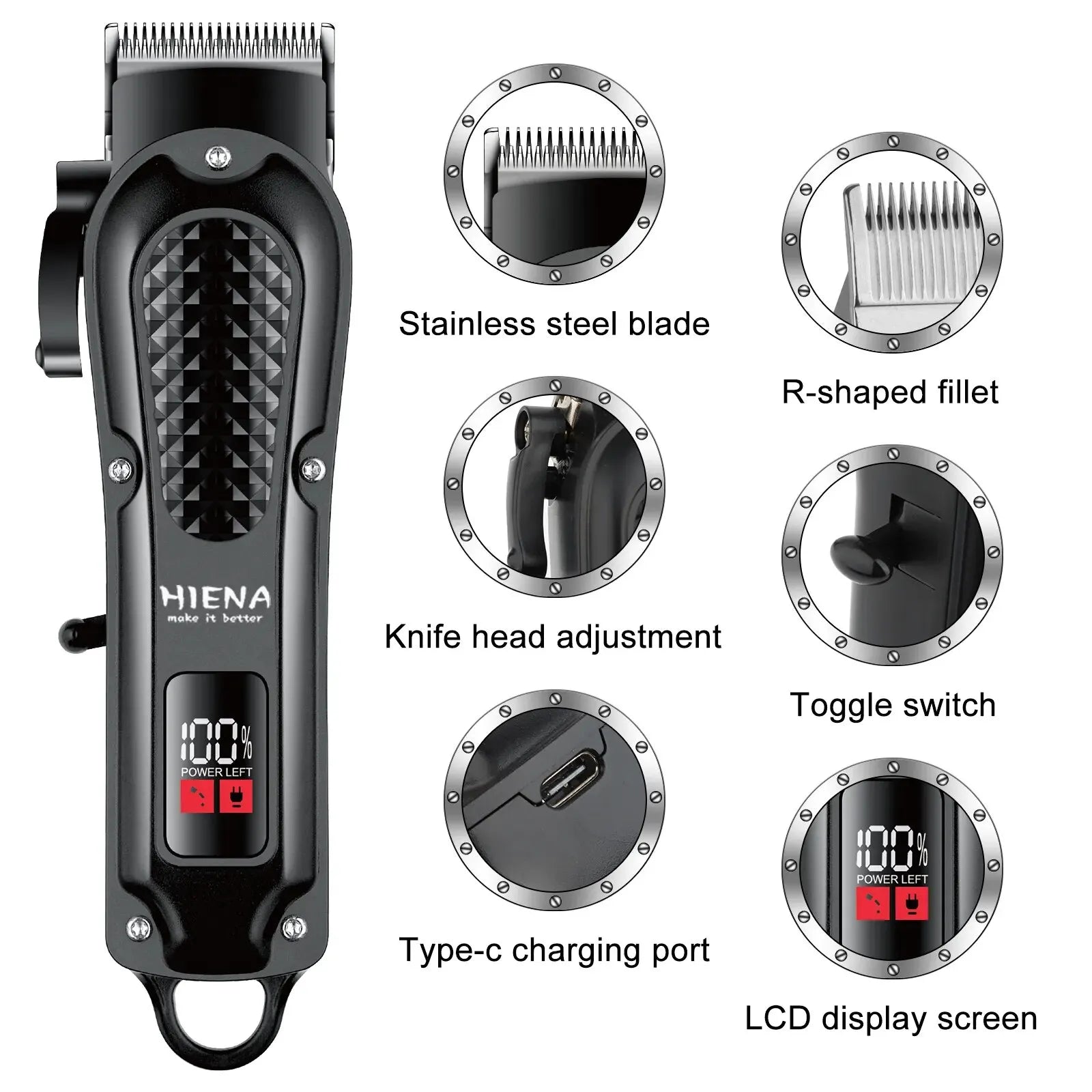 Hiena HYN-212 Electric Hair Clipper UBS Rechargeable Cordless Beard Trimmer Men Powerful Electric Hair Clipper Trimming Tool SuperFye black SuperFye