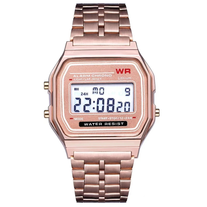 F91W Steel Strap Watches Women Watch Men Business Clock Multifunction LED Digtal Sports Wrist Watch Electronic Clock SuperFye Rose Golden SuperFye