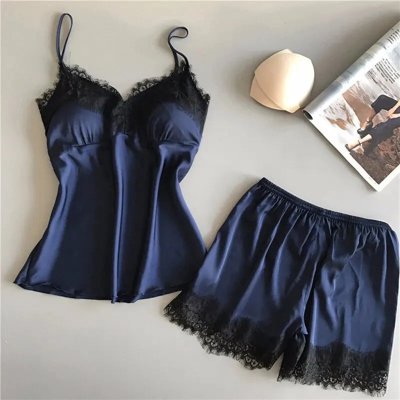 Women Pajama Suit Fashion V-Neck Stretch Satin Babydoll Lace Sexy Lingerie Bowknot Pyjamas Sleep Shorts Set Sleepwear New SuperFye ZY07 / M 45-450kg SuperFye