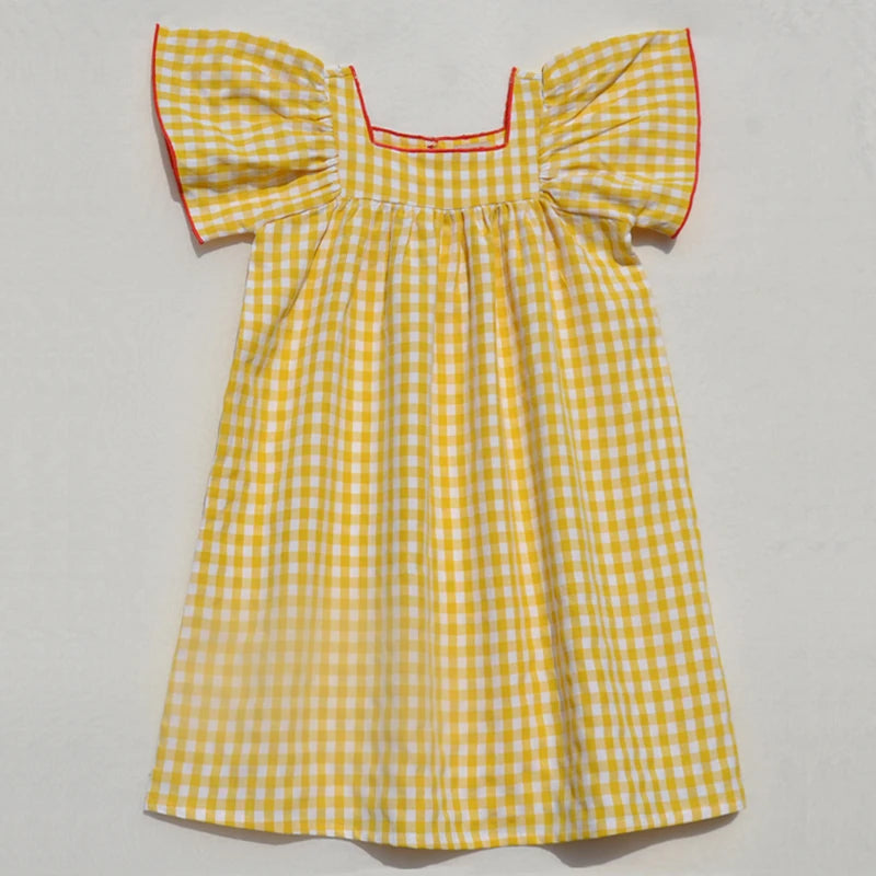 Ali Plus SS25 yellow and white gingham summer set with red stitch girls dress baby romper boys top and pants and toddler sets