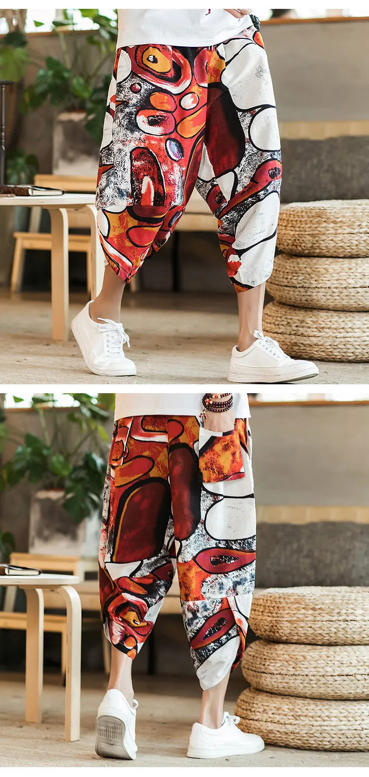 Harajuku Summer Loose Calf Length Casual Pants Men Wide Leg Cotton Linen Printing Baggy Pants Oversize Men's Trousers SuperFye Model G / Chinese Size XXXL SuperFye