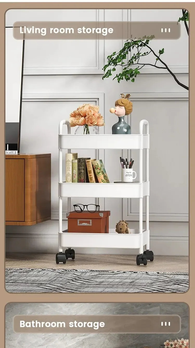 Household Multi-layer Small Cart Storage Rack Floor To Floor Kitchen Bedroom Bathroom Storage Rack Storage Rack With Wheels SuperFye White SuperFye