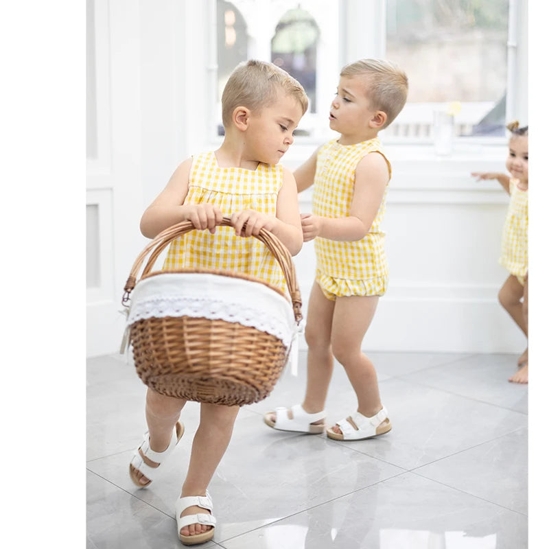 Ali Plus SS25 yellow and white gingham summer set with red stitch girls dress baby romper boys top and pants and toddler sets