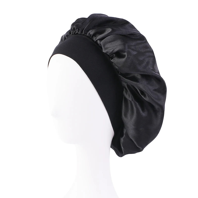 New Women's Satin Solid Wide-brimmed Sleeping Hat Unisex Head Wrap Elastic Band Cap Hair Care Bonnet Night Hat bonnet de nuit SuperFye black SuperFye