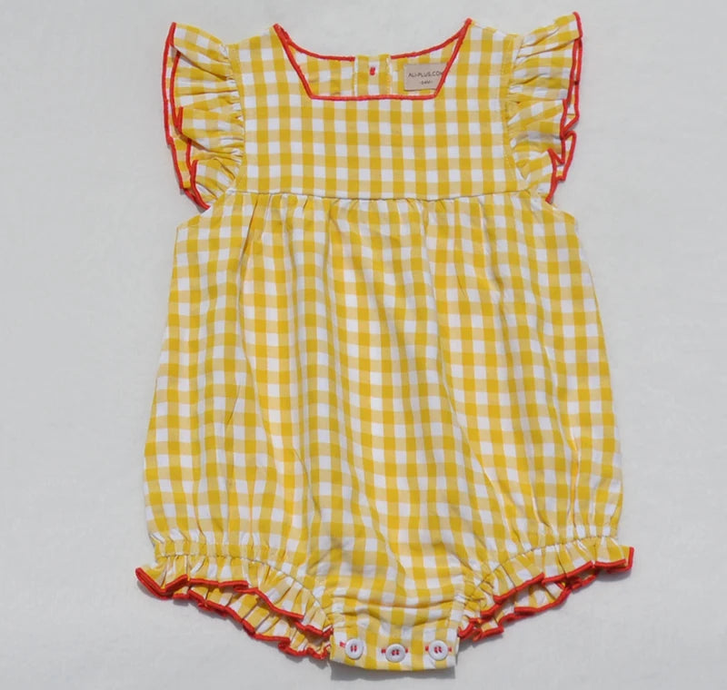 Ali Plus SS25 yellow and white gingham summer set with red stitch girls dress baby romper boys top and pants and toddler sets