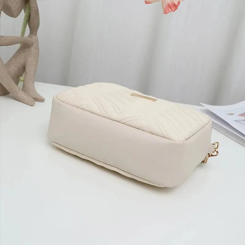 Rilibegan Embroidered Camera Bag PU Material Casual Small Square Bag Versatile Single Shoulder Bag Printed Shoulder Strap SuperFye Beige SuperFye