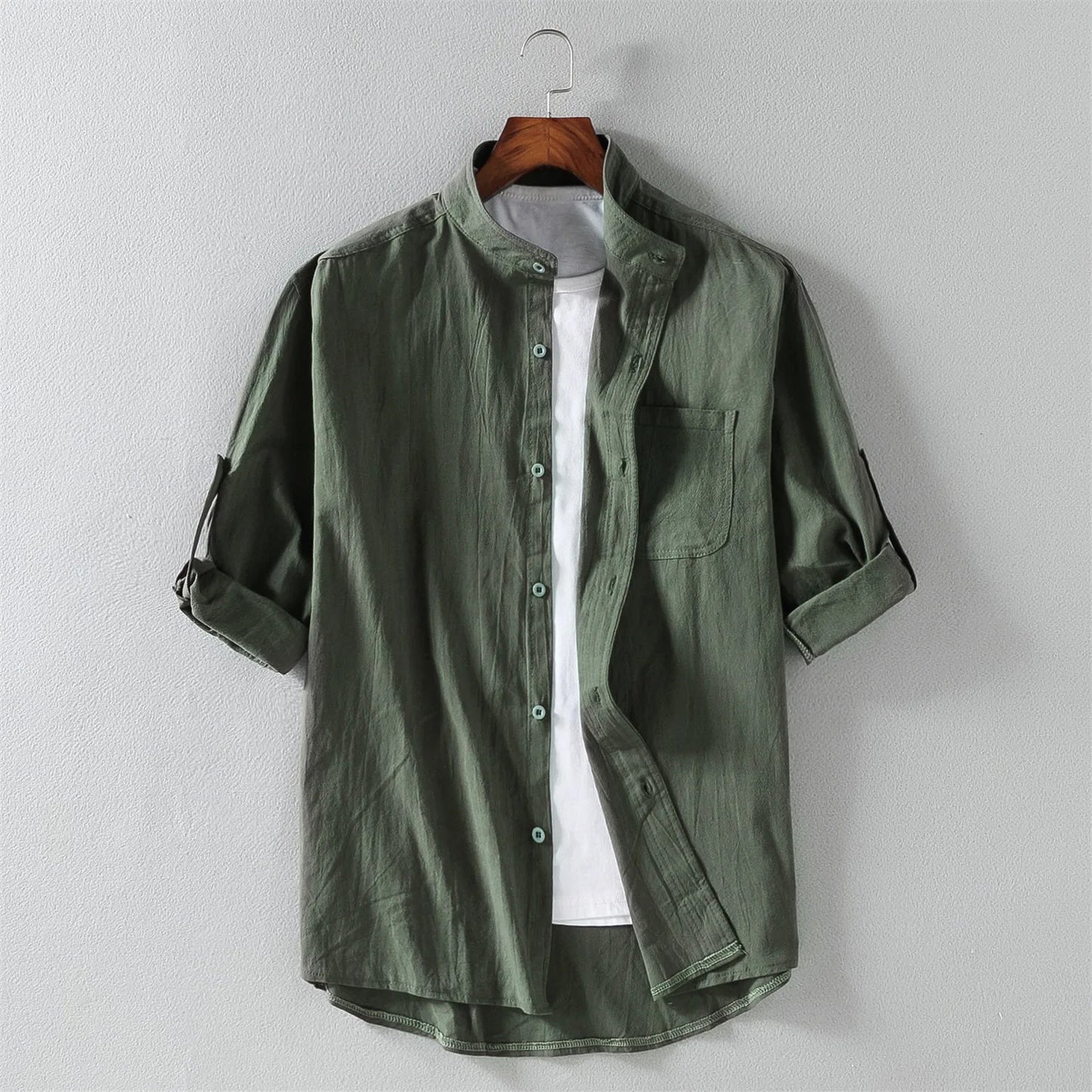 Spring and Summer Stand Collar Five-point Mid-sleeve Fashionable Men's Short-sleeved Shirt Seven-point Sleeve Large Size Men's SuperFye army green / 5XL SuperFye