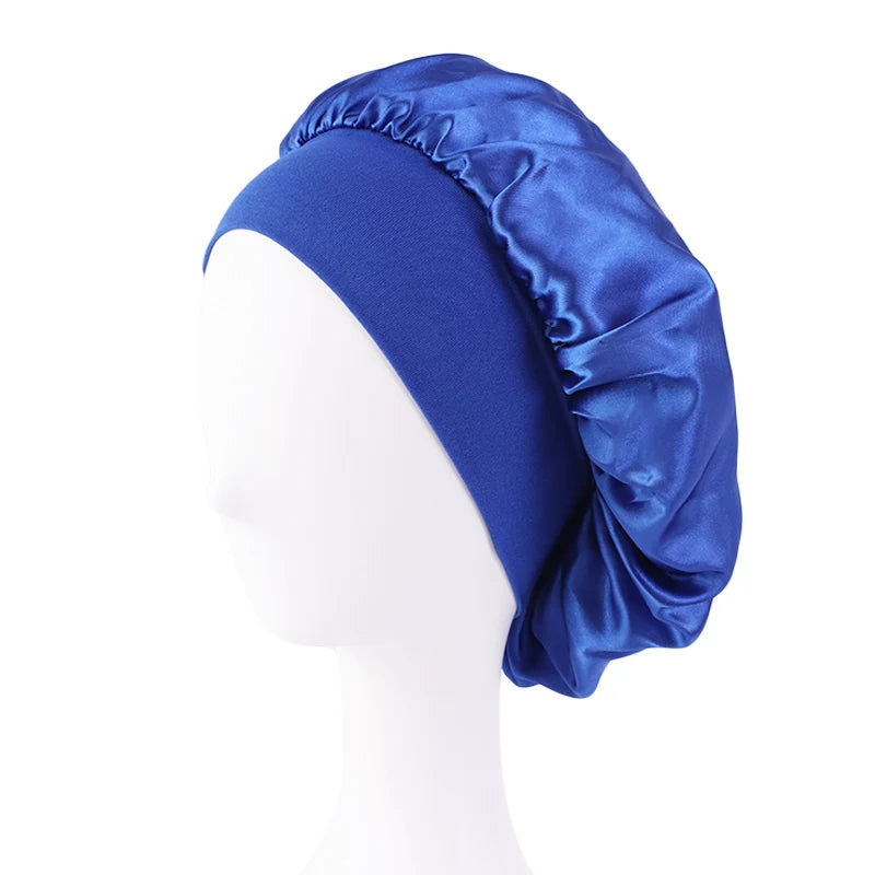 New Women's Satin Solid Wide-brimmed Sleeping Hat Unisex Head Wrap Elastic Band Cap Hair Care Bonnet Night Hat bonnet de nuit SuperFye Royal Blue SuperFye