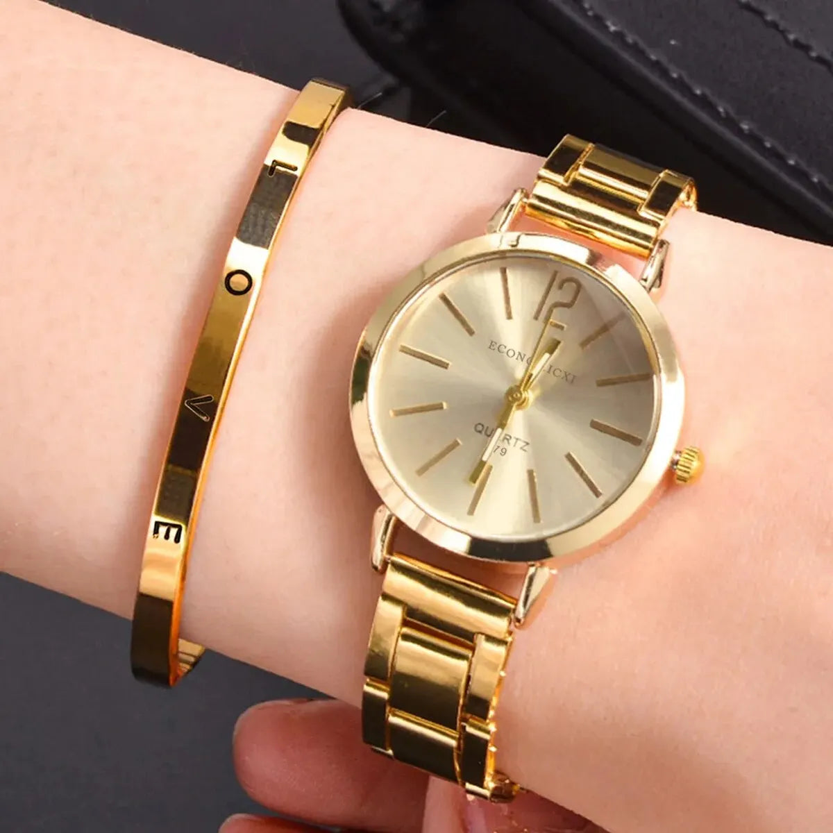 2pcs Set Watch Luxury Women Simple Dial Hollow Strap Fashion Gold Bracelet Quartz Wristwatch Student Ladies Watches Reloj Mujer SuperFye Gold SuperFye