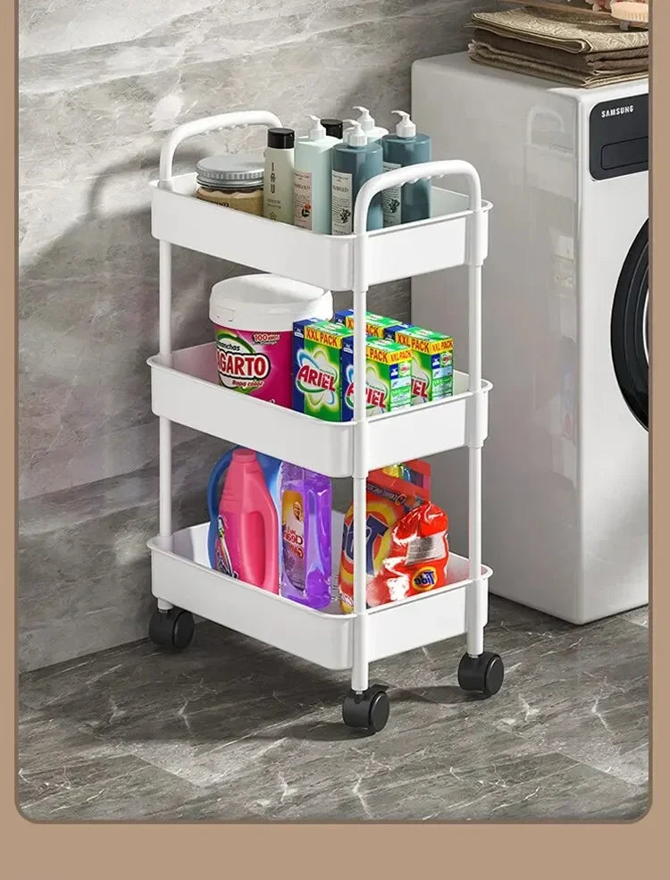 Household Multi-layer Small Cart Storage Rack Floor To Floor Kitchen Bedroom Bathroom Storage Rack Storage Rack With Wheels SuperFye White SuperFye