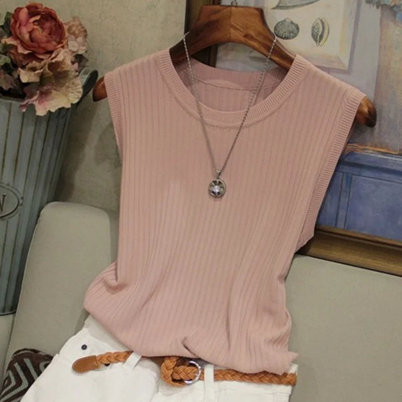 1pcs Summer New Fashion Knitted Vests O-neck Sleeveless Casual Thin Tops SuperFye One Size / Pink SuperFye