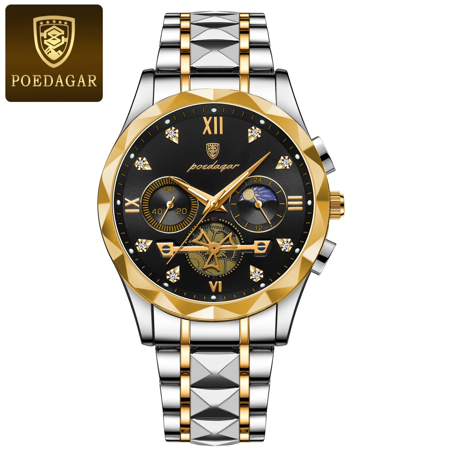 POEDAGAR Luxury Man Wristwatch Waterproof Luminous Chronograph Watch for Men Stainless Steel Men's Quartz Watches reloj hombre SuperFye Gold Black SuperFye