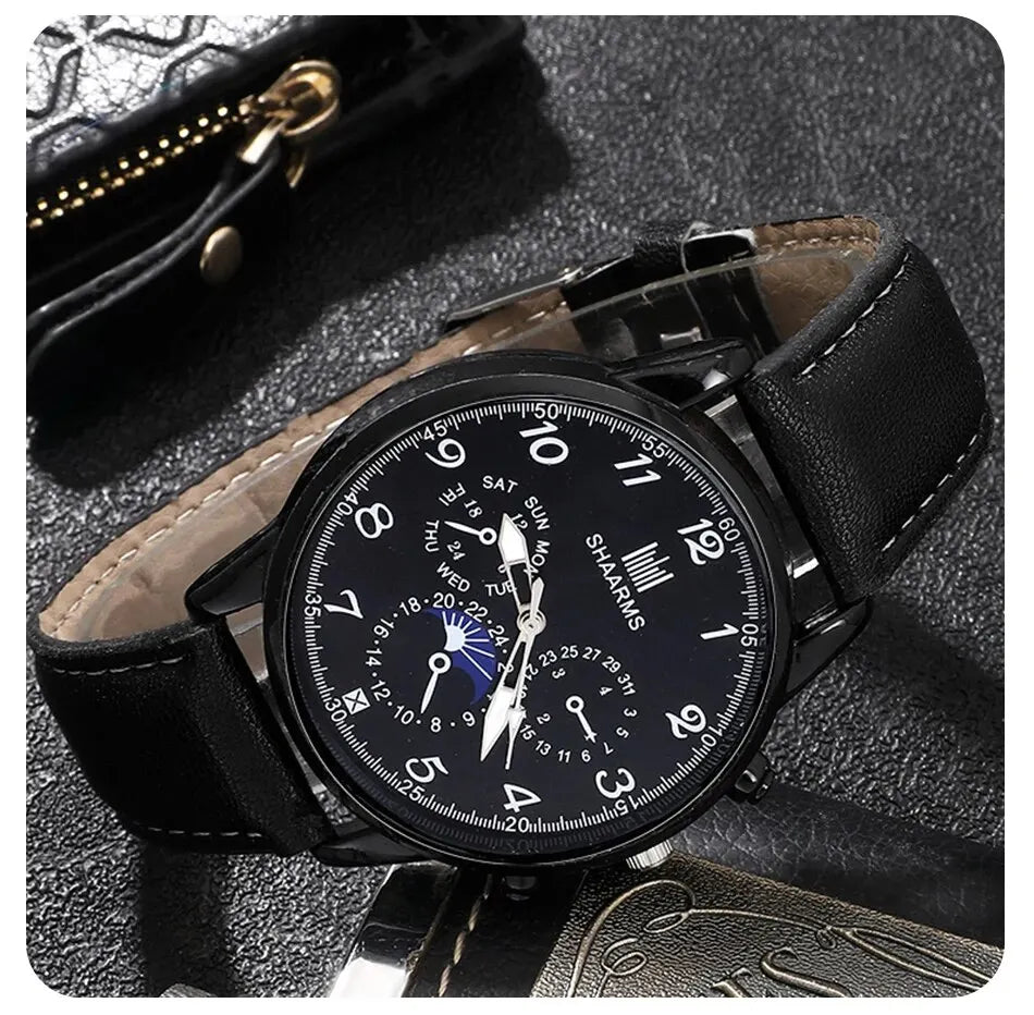 Fashion Mens Watches Wallet Glasses For Men Retro Black Bussiness Quartz Watch Male Casual Watch Relogio Masculino SuperFye Black SuperFye