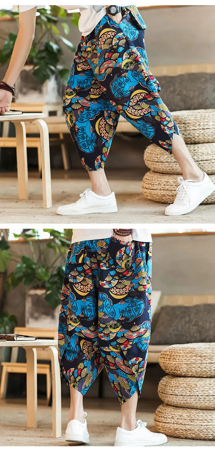 Harajuku Summer Loose Calf Length Casual Pants Men Wide Leg Cotton Linen Printing Baggy Pants Oversize Men's Trousers SuperFye Model G / Chinese Size XXXL SuperFye