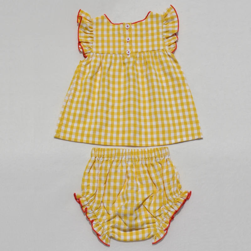 Ali Plus SS25 yellow and white gingham summer set with red stitch girls dress baby romper boys top and pants and toddler sets