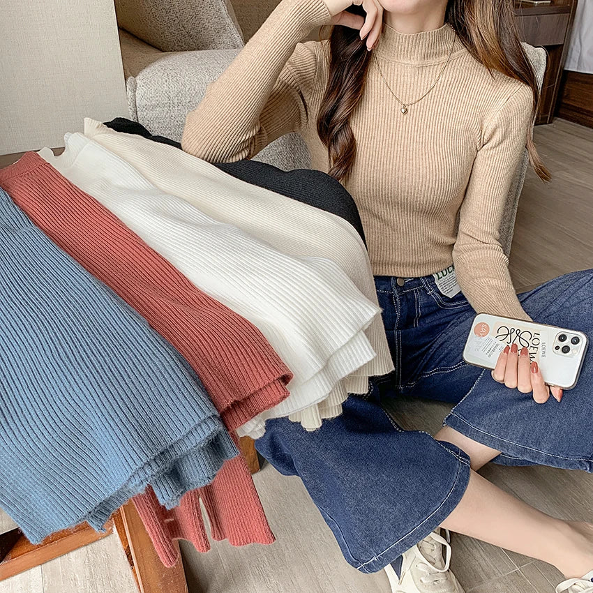 Autumn Winter Mock Neck Women Sweater Vintage Basic Solid Knitted Tops Casual Slim Pullover Korean Sweaters Simple Chic Jumpers SuperFye Burgundy / One Size SuperFye