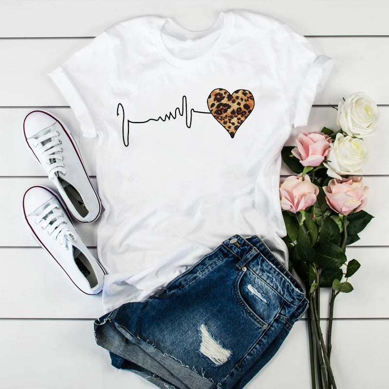 Summer New 90 's Leopard Heartbeat Short Sleeve Print Clothing Women's T-Shirt Harajuku Graphic Clothing Women's Top,Drop Ship SuperFye T190X black / S SuperFye