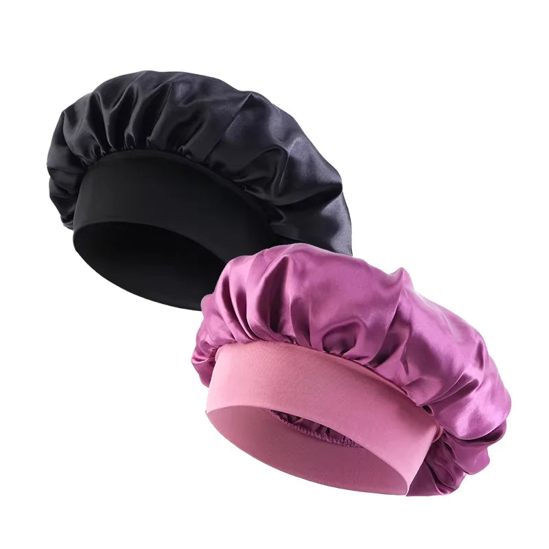 New Women's Satin Solid Wide-brimmed Sleeping Hat Unisex Head Wrap Elastic Band Cap Hair Care Bonnet Night Hat bonnet de nuit SuperFye Black Taro purple SuperFye