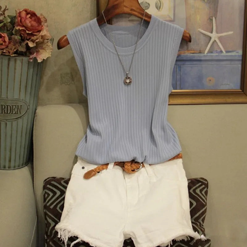 1pcs Summer New Fashion Knitted Vests O-neck Sleeveless Casual Thin Tops SuperFye One Size / WHITE SuperFye