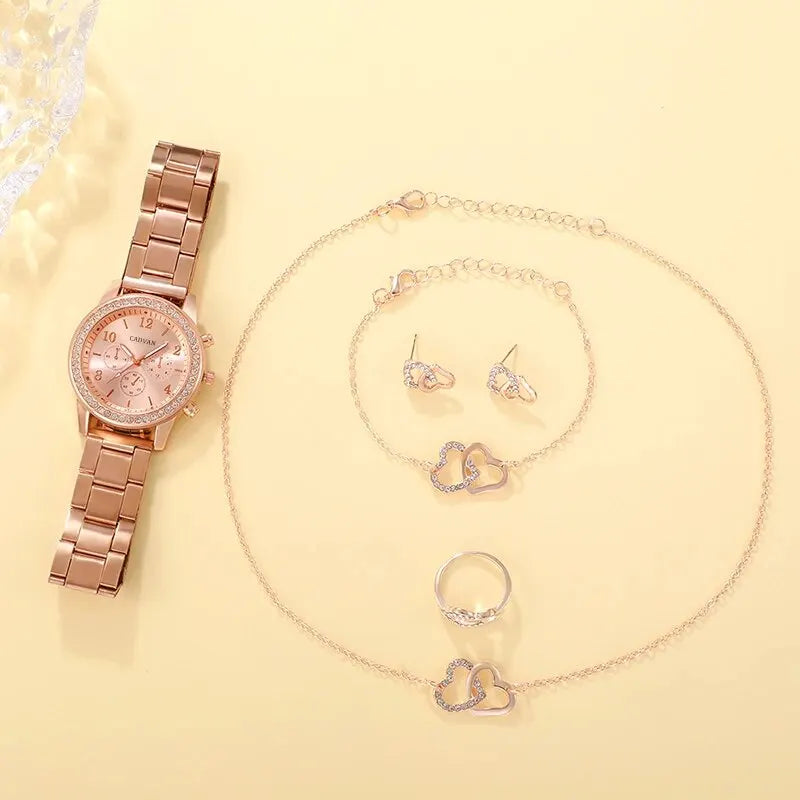 6PCS Set Rose Gold Luxury Watch Women Ring Necklace Earring Rhinestone Fashion Wristwatch Casual Ladies Bracelet Watches SuperFye Gold SuperFye