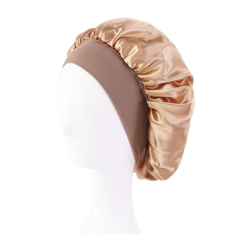 New Women's Satin Solid Wide-brimmed Sleeping Hat Unisex Head Wrap Elastic Band Cap Hair Care Bonnet Night Hat bonnet de nuit SuperFye Gold SuperFye