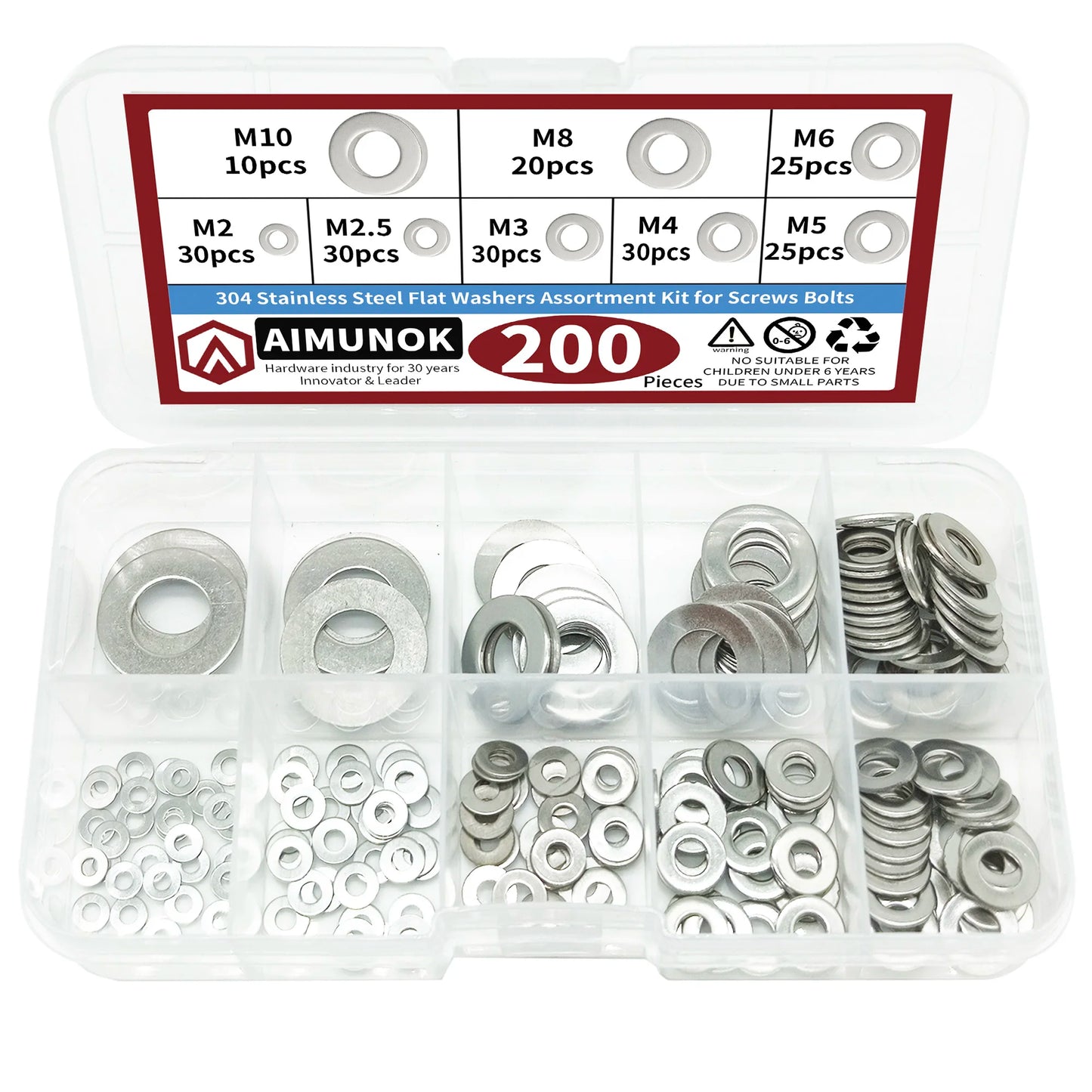 910/200pcs 304 Stainless Steel Flat Washers Assortment Kit (M2 M2.5 M3 M4 M5 M6 M8 M10 M12) Suitable for Home Decoration SuperFye 200pcs Kit SuperFye